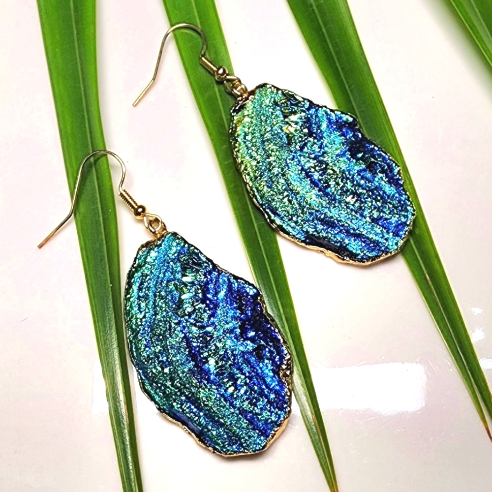 Druzy Blue, Green & Gold Dangle Earrings Anthropologie NWT